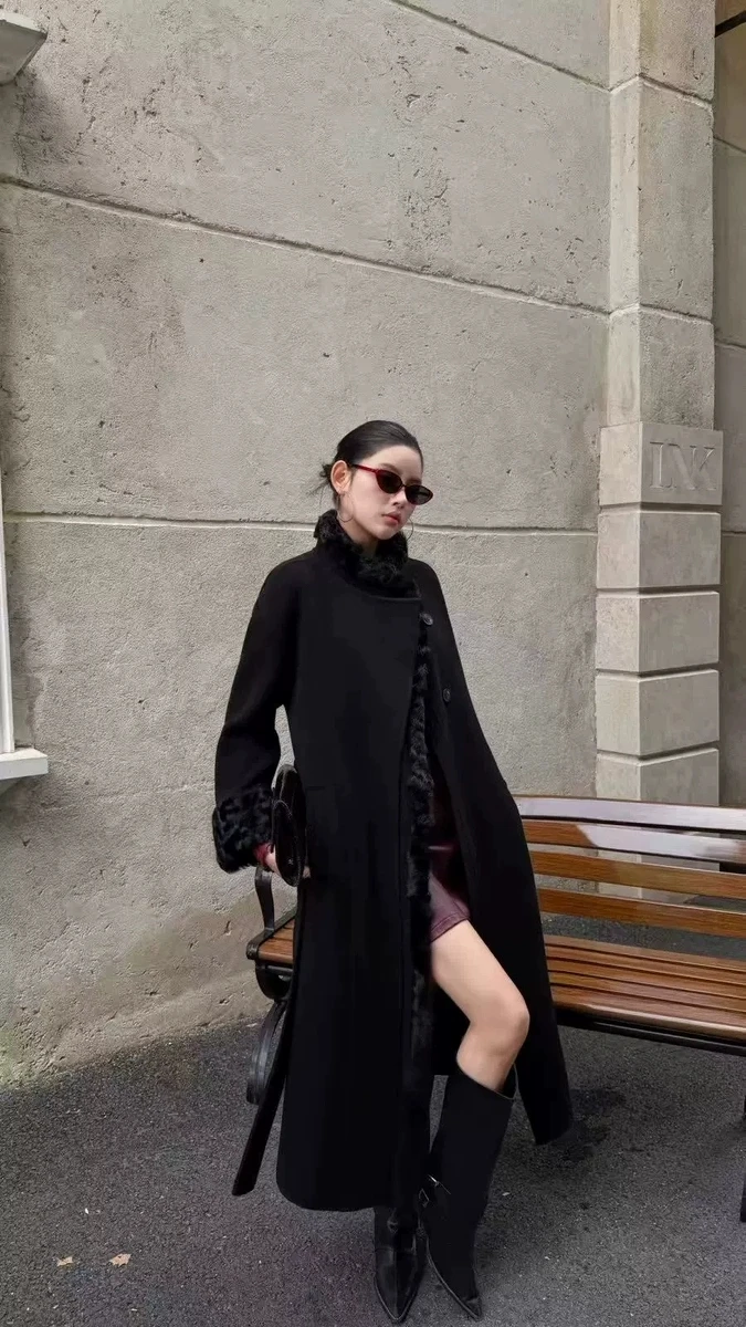 Casaco de Lã sso Estilo Europeu e Coreano Minui com Gola Alta e Design de Emenda, Agasalho de Inverno F, Robe de ...