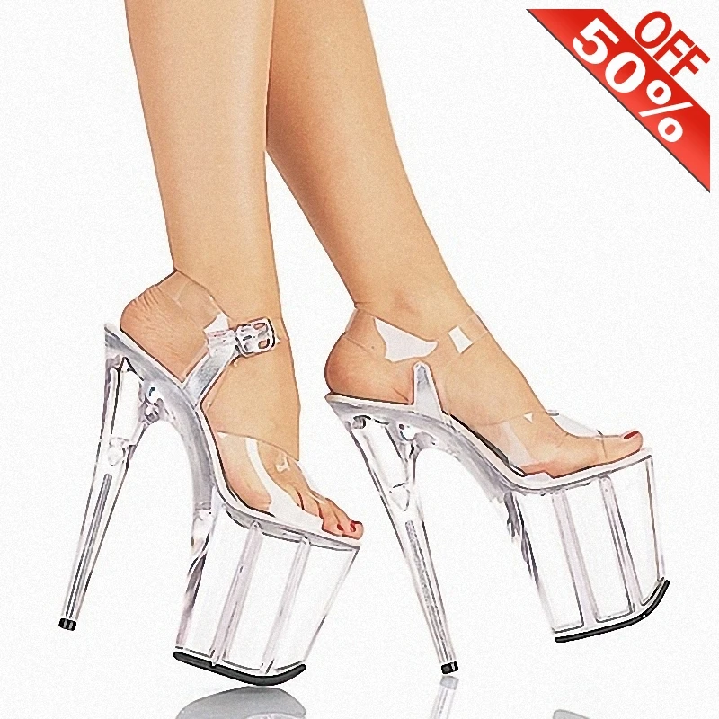 20CM Crystal Transparent Strapper Sandals High Heel Platform Pole Dancing Wedding Shoes for Women Lady Fashion Sex Cross Dressin