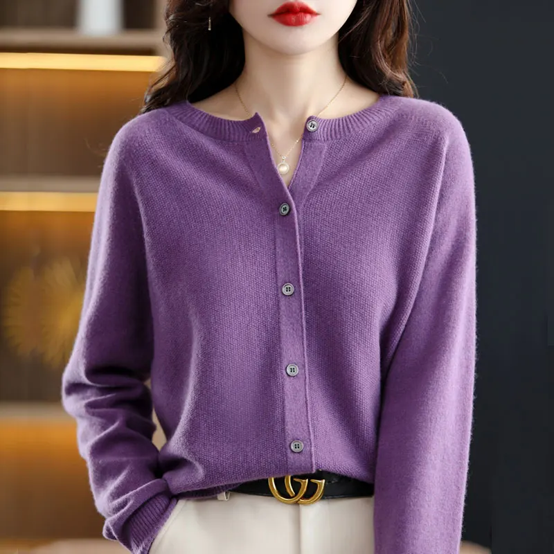 100% Merino Wool O-neck Cardigan Women's Korean Solid Color Knit Top Sweater Cardigan Women's Clothes