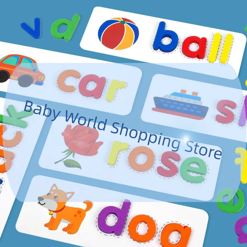 52개 아기 퍼즐 몬테소리 게임 28개 학습 카드 포함 영어 알파벳 철자 단어 나무 교육용 장난감 어린이용