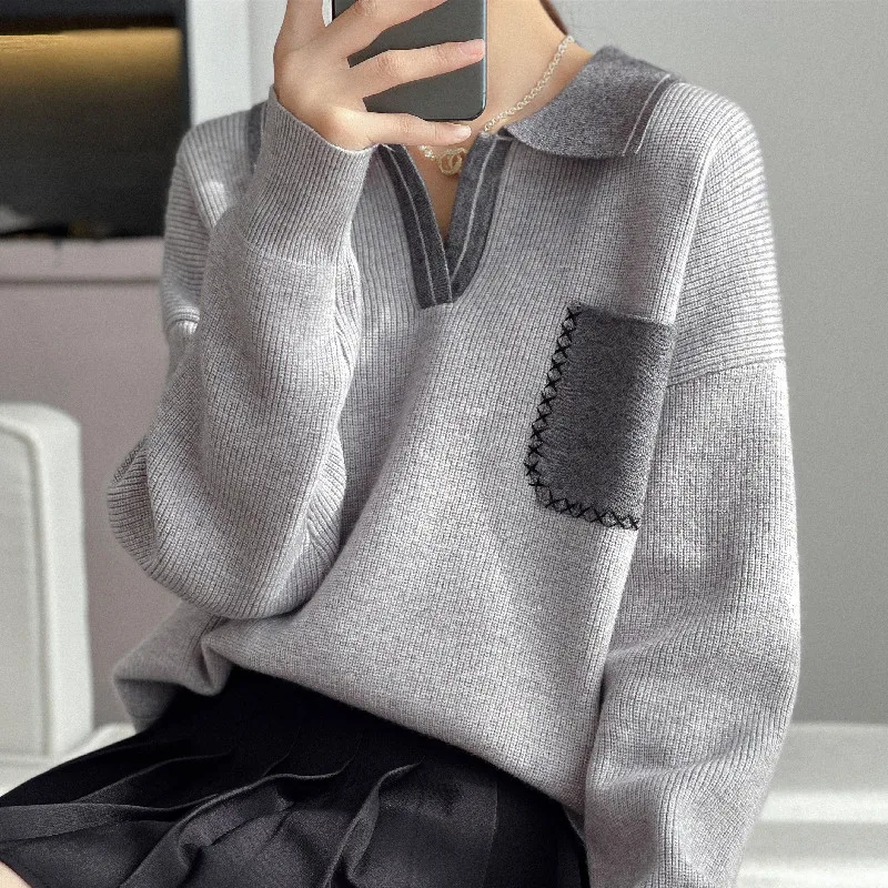 New Autumn And Winter College Style POLO Collar Wool Women\'s Loose Lazy Wind Age-Reducing Sweater Knitted Bottoming Shirt