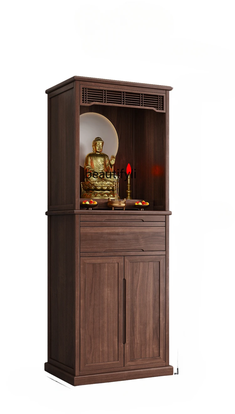 

Black walnut casket new Chinese vertical cabinet with door modern simple light luxury Buddhist cabinet home