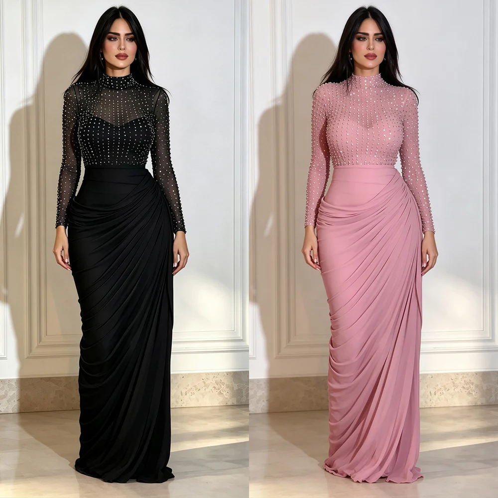 JENYAGE Damen Strass-Netz 2-teiliges Maxi-Abendkleid-Set, Stehkragen, lange Ärmel, bodenlang, gerafft, figurbetont, formelles Partykleid – Detail 2