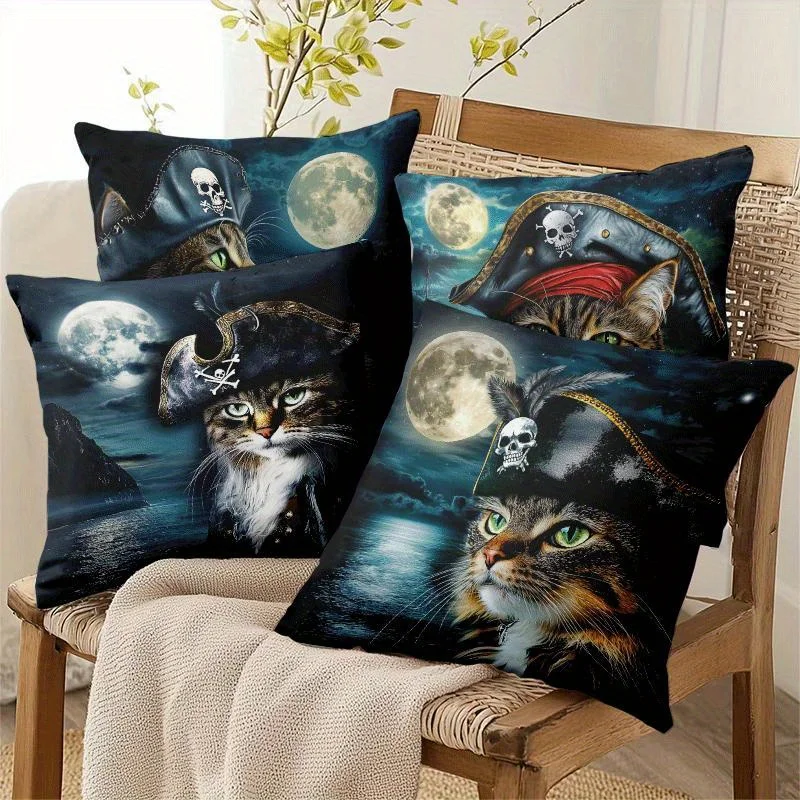 Pirate Adventure Style Pillow Covers, Cute Pirate Cat & Moonlit Sea Print Cushion Cases, Cozy Home Decor for Bedroom Living Room