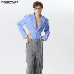 INCERUN Men Irregular Blazer Solid Color Lapel Long Sleeve One Button Casual Suits Men Streetwear 2024 Fashion Crop Coats S-5XL