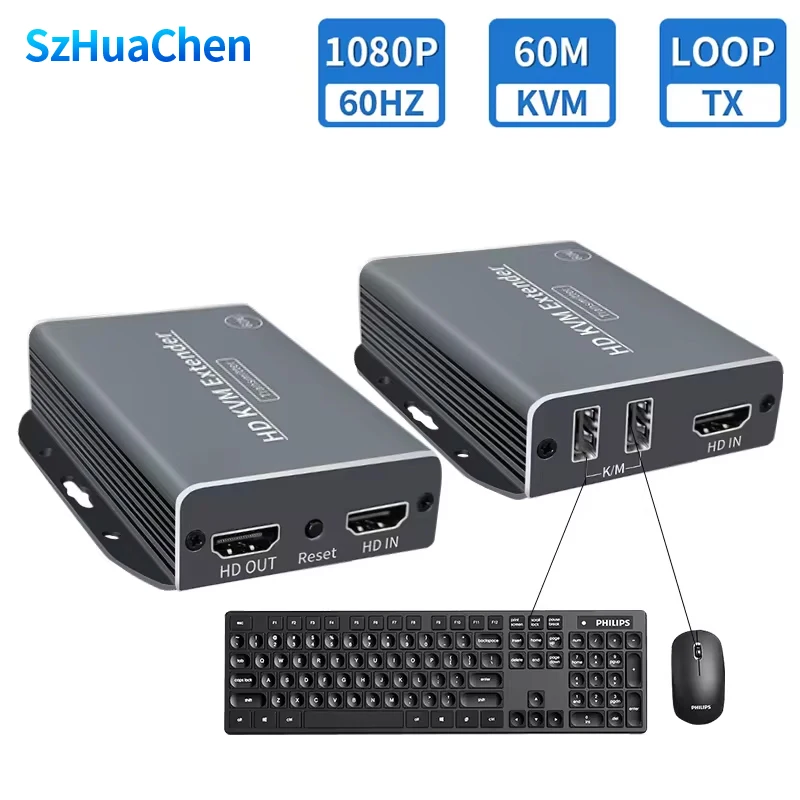 60M KVM Transmitter Receiver HDMIcompatible Extender Over Cat5e Cat6 Ethernet 1080P Audio Video Converter USB Keyboard Mouse PC