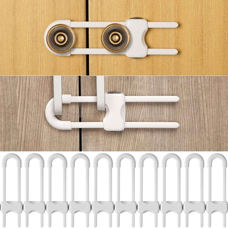 10 Pieces Sliding Cabinet Locks, Child U-Shaped Proofing Cabinet With Adjustable Safety Child Lock, Easy To Use (White)