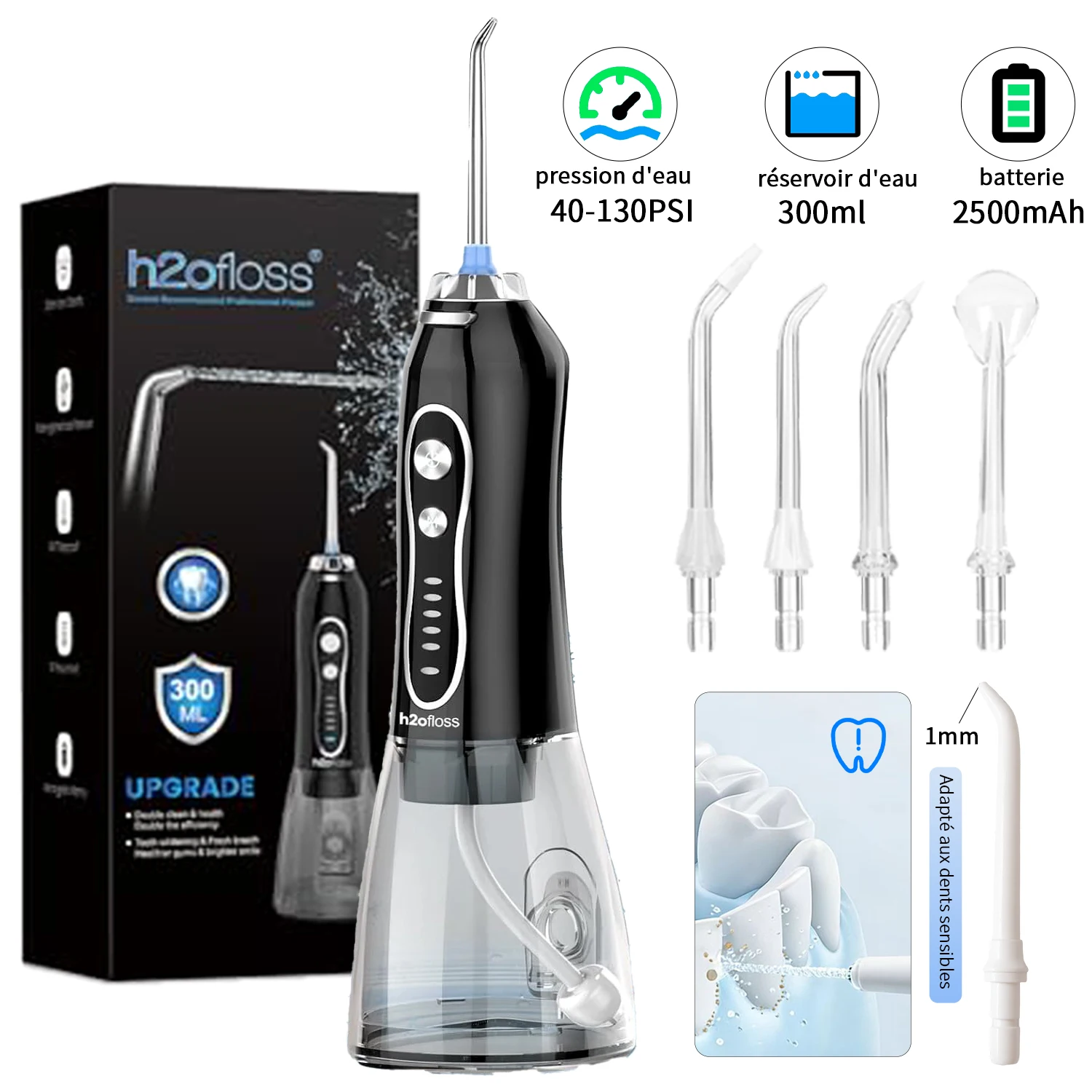 H2ofloss Water Flosser Sans Fil 140 PSI, 5 Modes, 5 Embouts, Réservoir de 300 ml, Batterie Rechargeable USB 2500 mAh, Irrigateur Buccal Portable pour le Nettoyage Dentaire