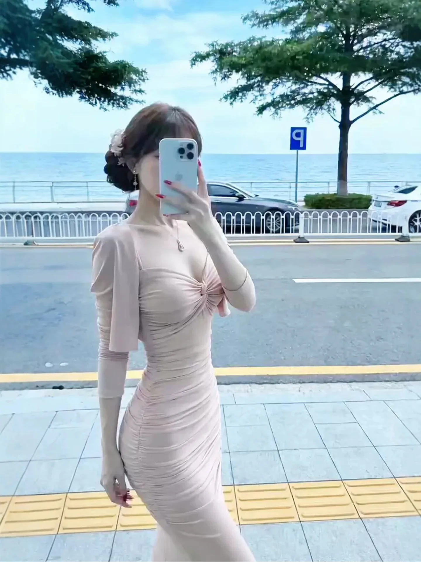 

XZY Women's Pink Pleated Slimming Summer Dress High Waist A-Line Skirt Gentle Style plus Size One Shoulder Gown Polyester Fiber