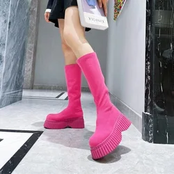 Women's Boots Thick Heel Women Knee High Boots Solid Color Fashion Slip on Shoes Autumn Winter Ladies Stretch Slim Long Booties