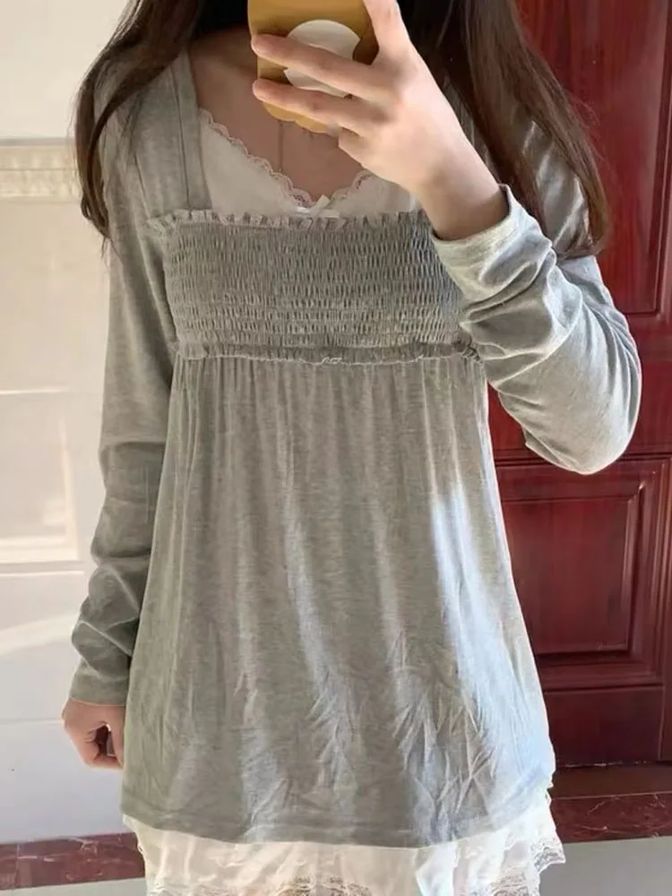 Women Korean Sweet Lace Bow Splicing Fake Two Piece T-shirt Hide Belly A-line Doll Top Niche Outer Wear Shirts
