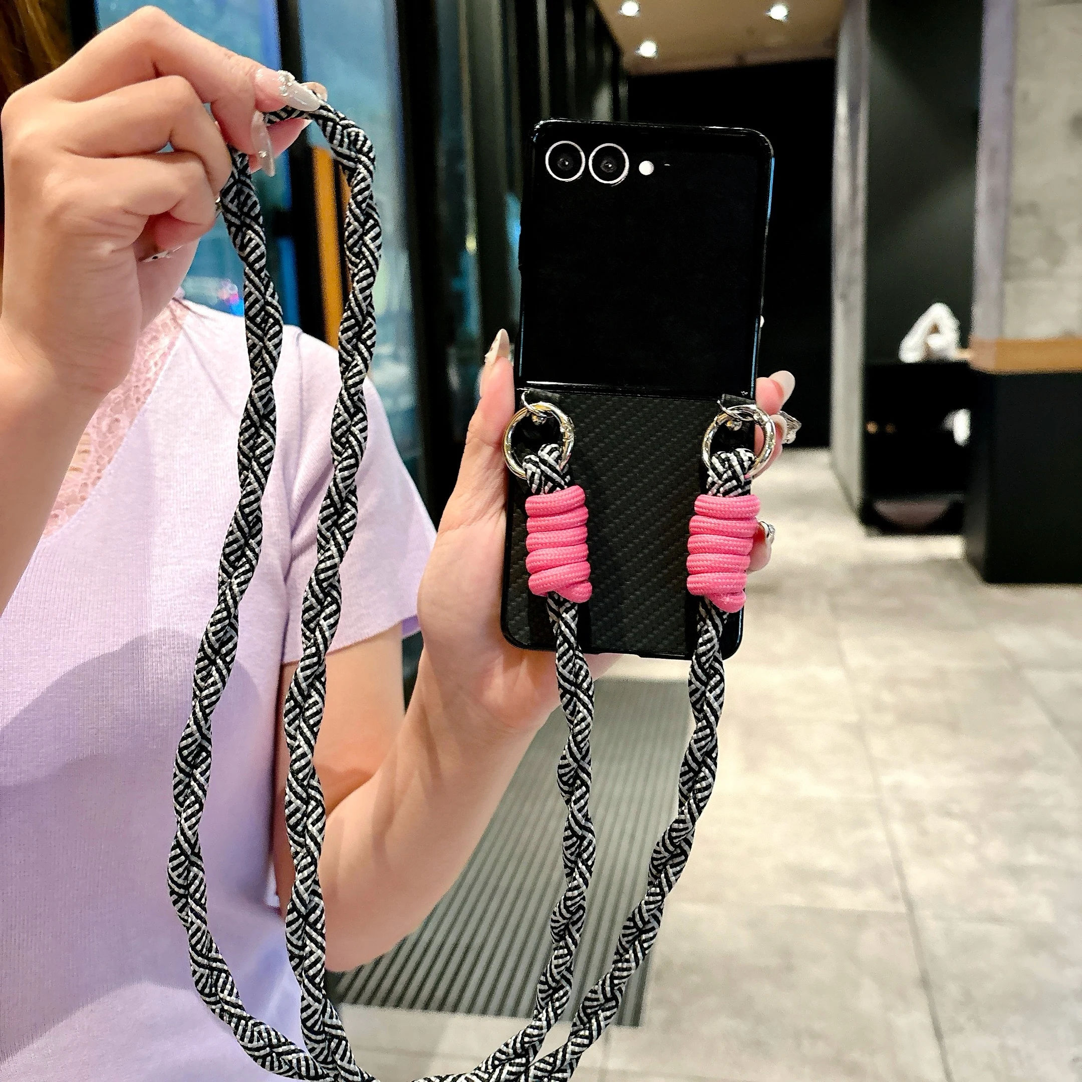 الغطاء الخلفي لسامسونج غالاكسي Z فليب 7 6 5 4 3 مع أشرطة الحبل الطويلة حبل الخيزران حصيرة بولي Leather الجلود الصلب PC للصدمات