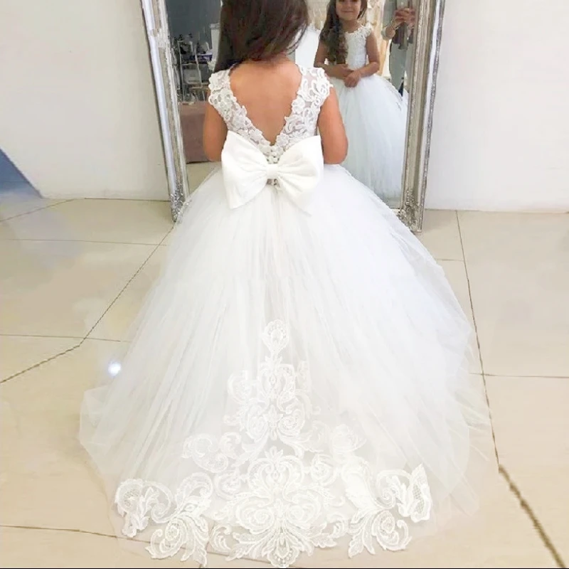 Vestidos De Menina De Flor De Renda Branca, Apliques De Tule, Vestido De Celebridade, Uma Linha, Festa De Casamento, Vestido De Primeira Comunhão