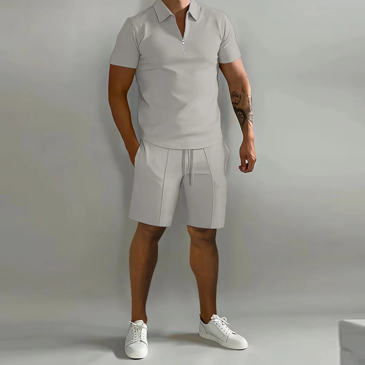 Camisa polo de manga curta masculina, terno esportivo casual de cor sólida, shorts soltos de fitness, tendência nova moda estilo verão