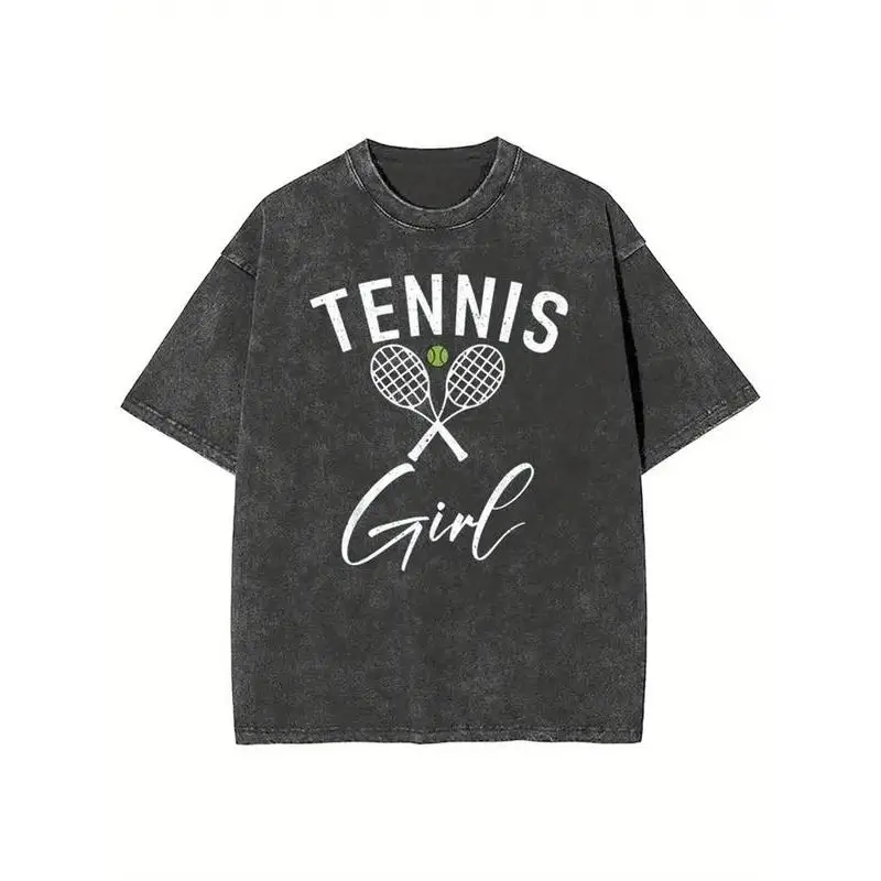 

Women's Oversized T-shirt, "Tennis Girl" Sport Print, Washed Cotton Loose Fit Top, Casual Tennis Style Streetwear for Men