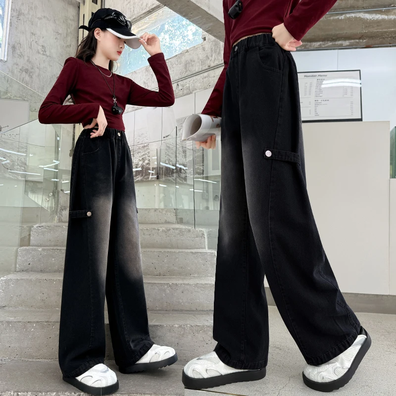 

Spring Autumn Children Black Color Loose Straight Riveted Jeans Trousers for Kids Girls New Casual Denim Pants 5 7 9 11 13 14 Y