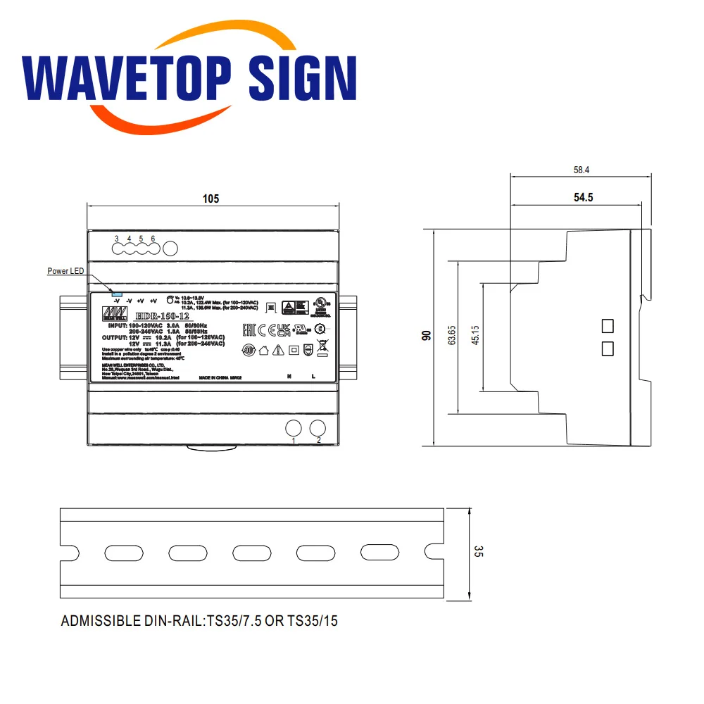 WaveTopSign 100W 150W Switch Power Supply HRD Series 12V 15V 24V 48V For Laser Machine