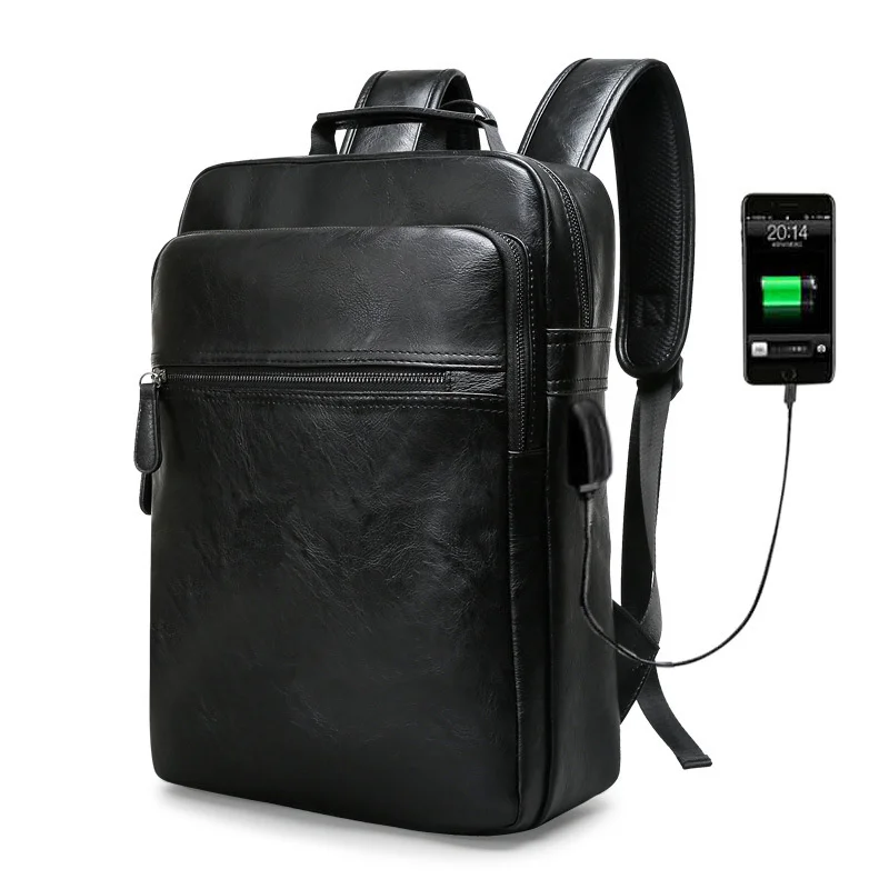 Mochila de carregamento USB de couro PU vintage para homens, mochila de grande capacidade, mochila de viagem casual masculina de luxo