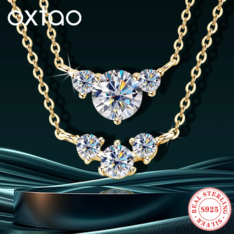 

OXTAO Full Moissanite Diamond Necklaces Female Jewelry Real 925 Silver Three Stone Pendant Clavicle Chain Necklace Fine Jewelry