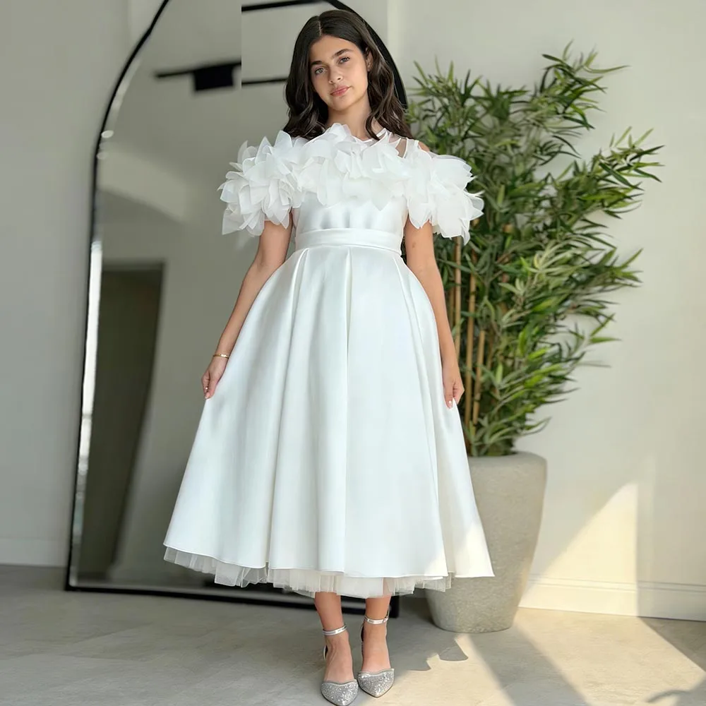 

Ivory Flower Girl Dresses Satin Dress For Girls Long Birthday Dress A-line Girl Princess Dress Off-Shoulder Cute Kids' Dresses