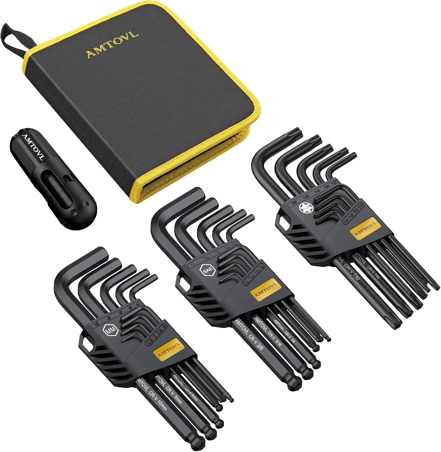 Juego de 27 Llaves Allen - Juego de Llaves Métricas y SAE, Llaves Hexagonales Extra Largas con Punta de Bola y Estrella, Mango en T y Codificación por Colores para Bicicleta, Bricolaje