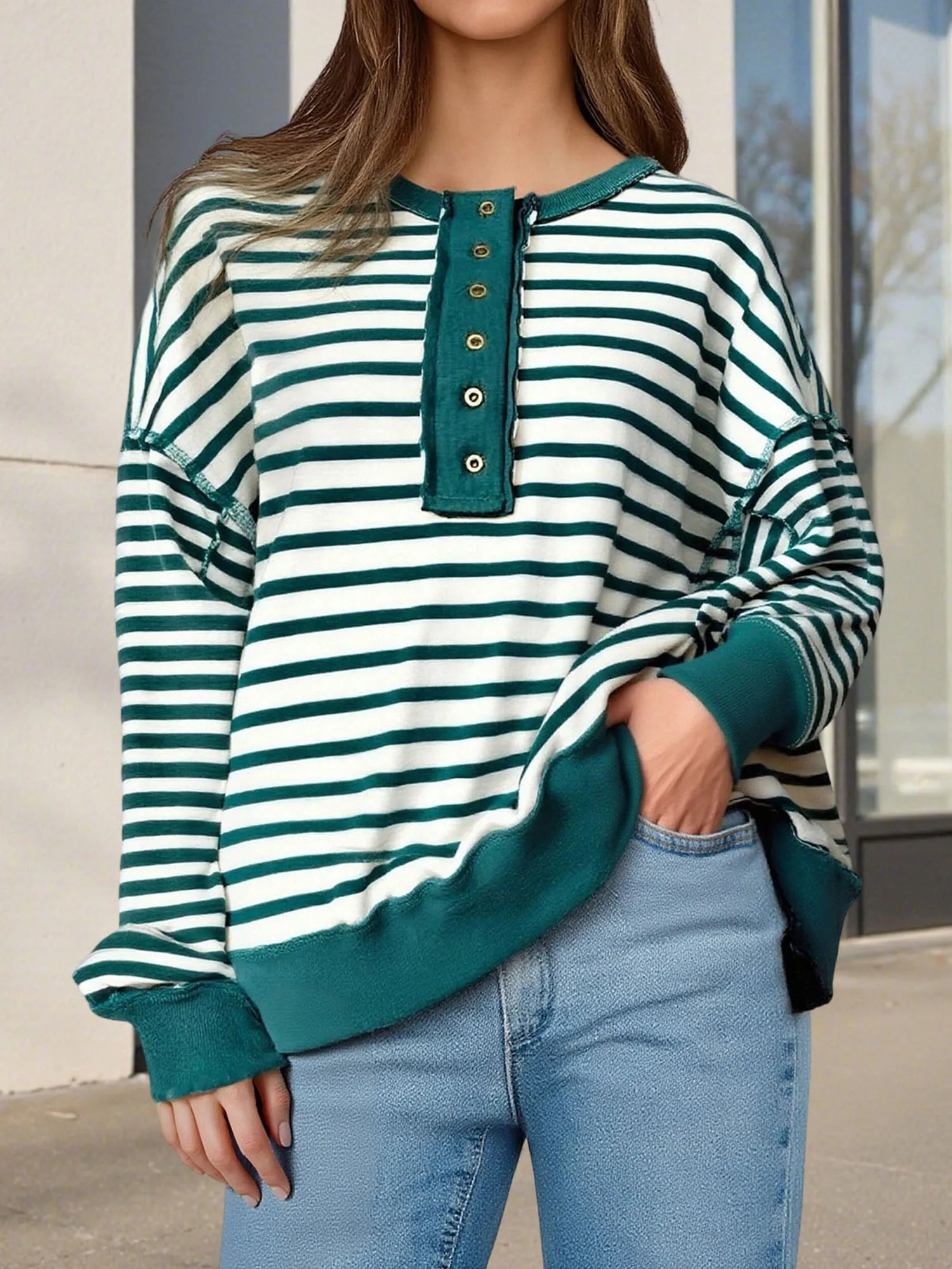 

Women s V-Neck Loose Fit Sweaters Long Sleeve Knit Pullovers Casual Button Front Striped Print Streetwear Tops