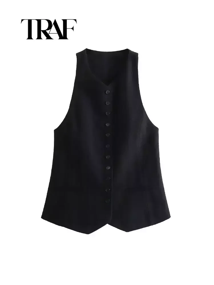 TRAF Women Vintage V Neck Sleeveless Black Outerwear Official Front Single Breasted Vest Waistcoat Women ﻿