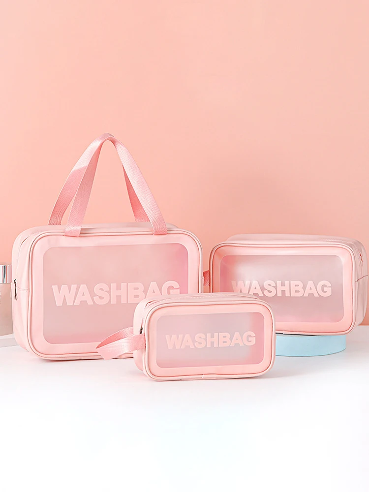 1pc Pu Transparent Three Piece Makeup And Toiletries Bag, Large Capacity Pvc Semi Transparent Frosted Portable Storage Bag