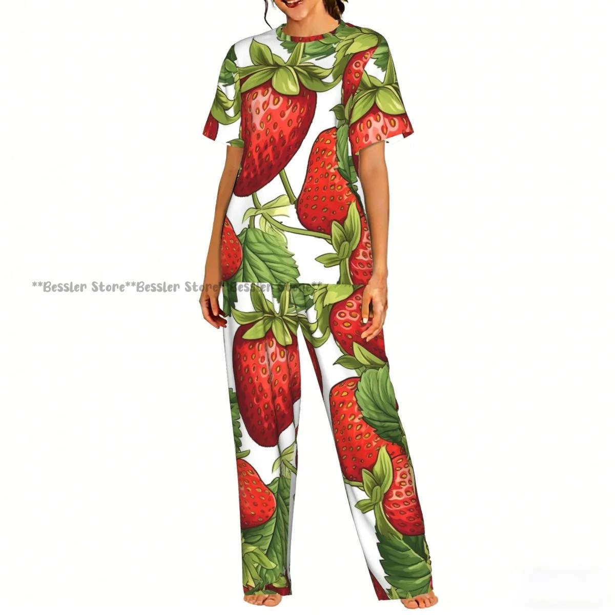 

Женский комфортный комплект пижамы с клубничным принтом, короткий рукав, для сна
