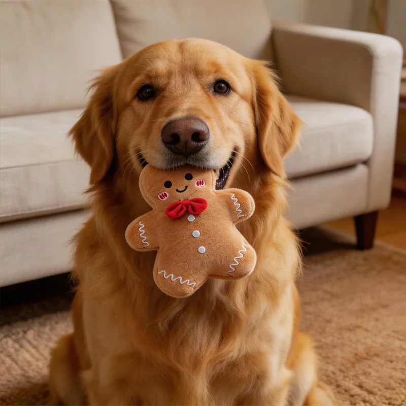 Christmas Tree Gingerbread Man Plush Dog Toy with Sound, Self-Entertaining, Relieves Boredom, Teeth-Grinding, Durable