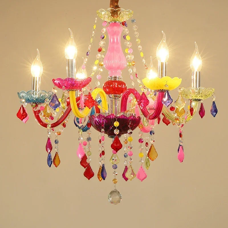 

Color Crystal Chandelier Creative Girls' Room Candle Lamp Children's Living Room Restaurant Bedroom Art Pendent Light