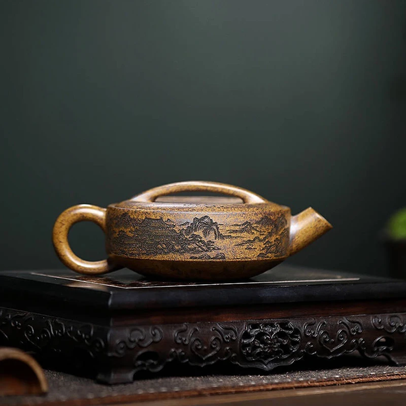 180ml Chinese Yixing Purple Clay Teapots Antique Handmade Large Caliber Tea Pot Raw Ore Keel Gold Sand Kettle Zisha Tea Set