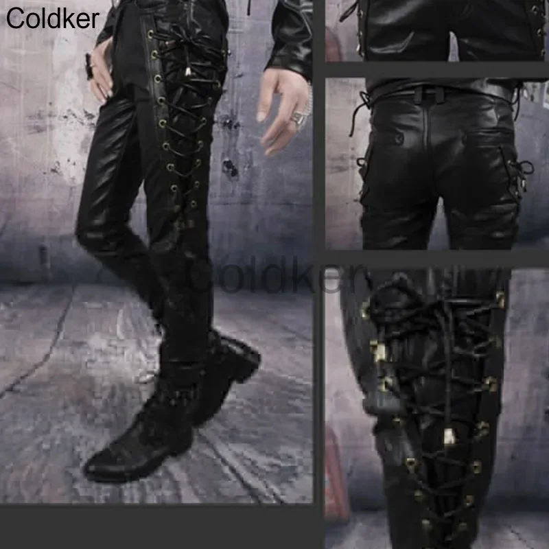 Hot Sale Solid Color PU Casual Cool Adult Men Tether Leather Pants Punk Cosplay Costume Leather Motorcycle Club Trousers