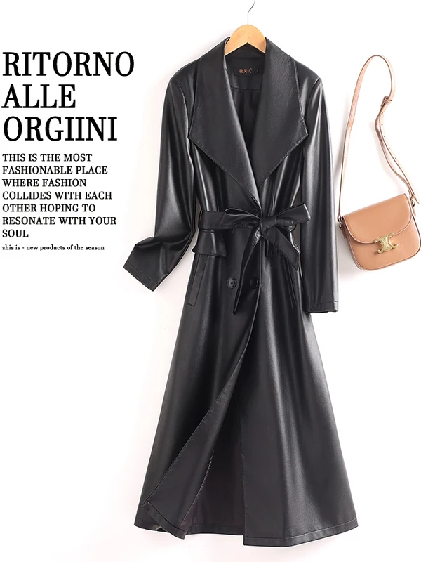   Ning Cappotto in vera pelle di eepskin da donna di media lunghezza Sli Slim-Fit Giacca a vento sopra il ginocchio Trendy Pendolari Sle Doppiopetto