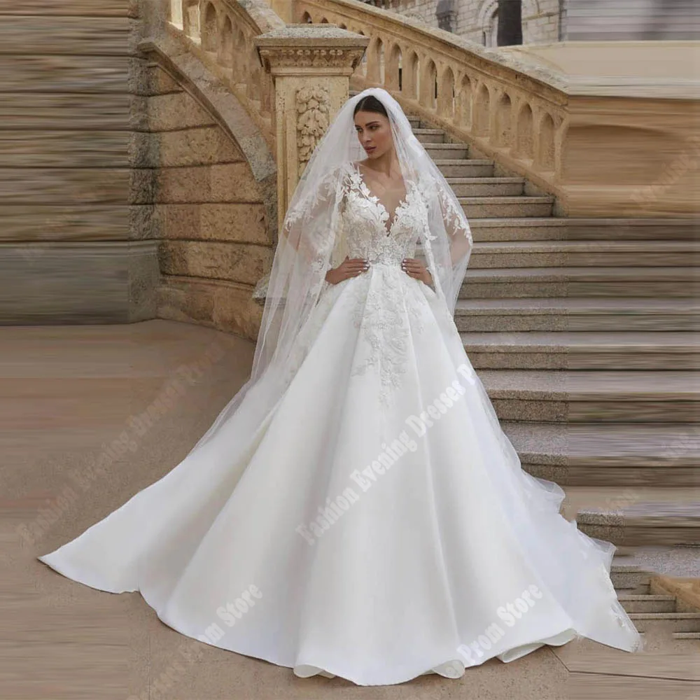 Elegante handgemachte Brautkleider sexy-V-Ausschnitt glänzende Spitze Aufkleber Brautkleider Boden wischen formelle Bankett vestido de novias