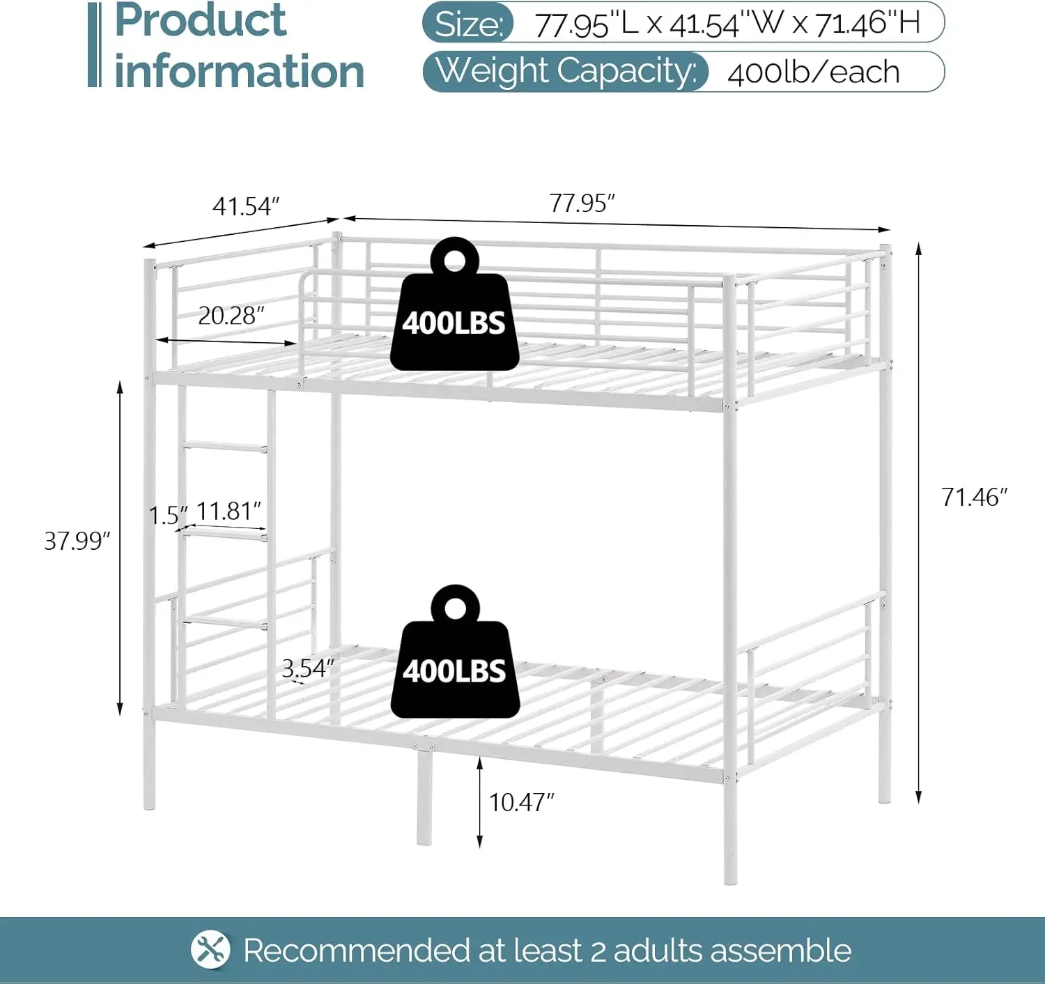 Twin Over Twin, Metal Bunk Beds White for Girls/Boys/Adults, Anti-Slip Flat Step, No Box Spring Needed