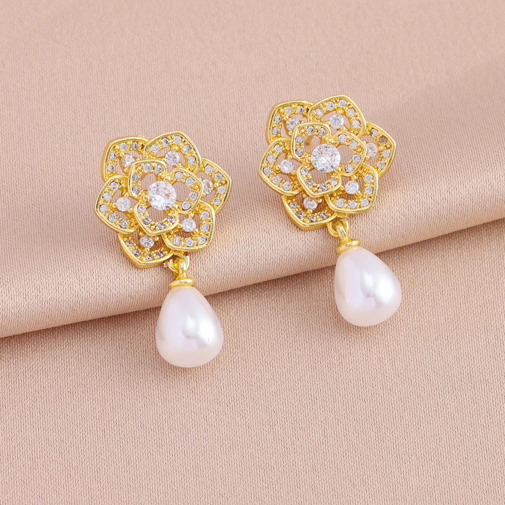 New In Luxury Retro Zircon Flower Pearl Necklaces Earrings For Women Trendy 18K Gold Plated Female Stainless Steel Jewelry Set