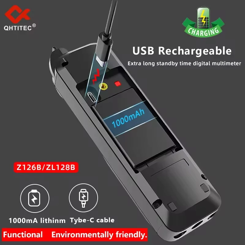 QHTITEC Digital Professional Multimeter 9999 T-RMS LCD Multimeter DC AC Current Voltage Tester Capacitance Diode USB Tester 128B