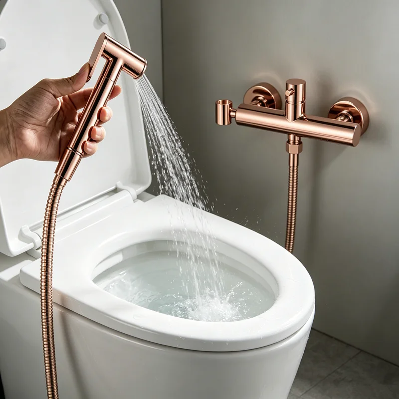 

Portable shower bidet spray set rose gold sprayer toilet faucet brass hot and cold water mixing valve showerhead flushing