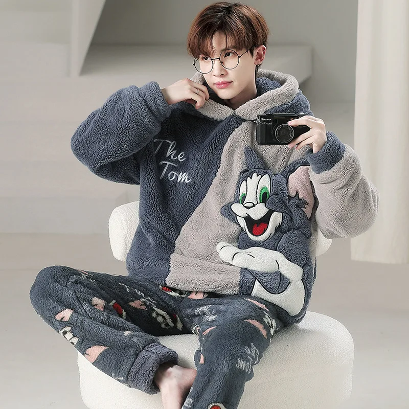 Men Pajamas Set Winter Coral Velvet Warm Sleepwear Cartoon Anime Long Sleeve Hooded Home Suit Thickened Flannel Loungewear