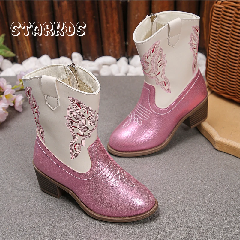 

Pink White Glitter Western Knee High Boots Kid Girl Side Zip Cowboy Long Booties Child Low Heeled Round Toe Embroidery Botas