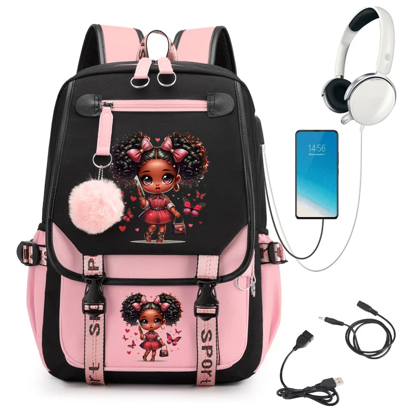 Chibi schwarz Mädchen drucken Mädchen Schule Rucksack Tasche niedlichen Schult aschen für Schüler Teenager Bücher tasche Laptop Rucksack USB-Aufladung Mochila