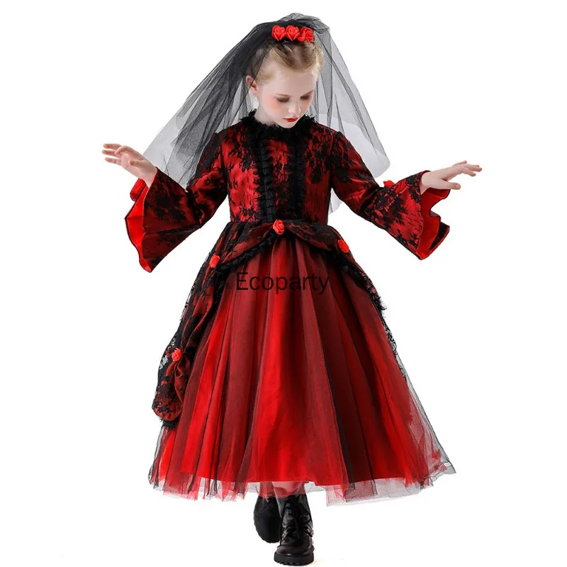 새로운 소녀 유령 신부 고딕 카트리나 의상 어린이 할로윈 뱀파이어 코스프레 중세 드레스 머리 장식 포함 어린이 파티 드레스