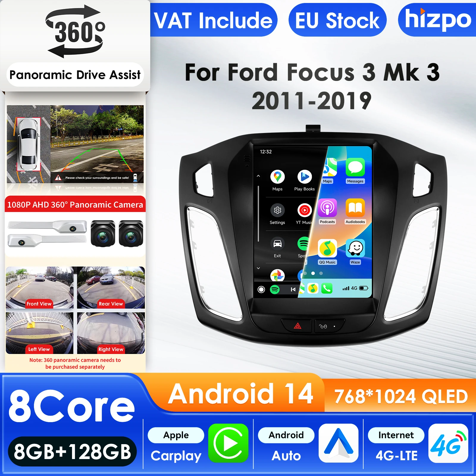 Hizpo 2 Din Android lecteur multimédia de voiture pour Ford Focus 3 MK3 2011-2019 GPS Carplay 4G AI écran Intelligent Autoradio 360Camer