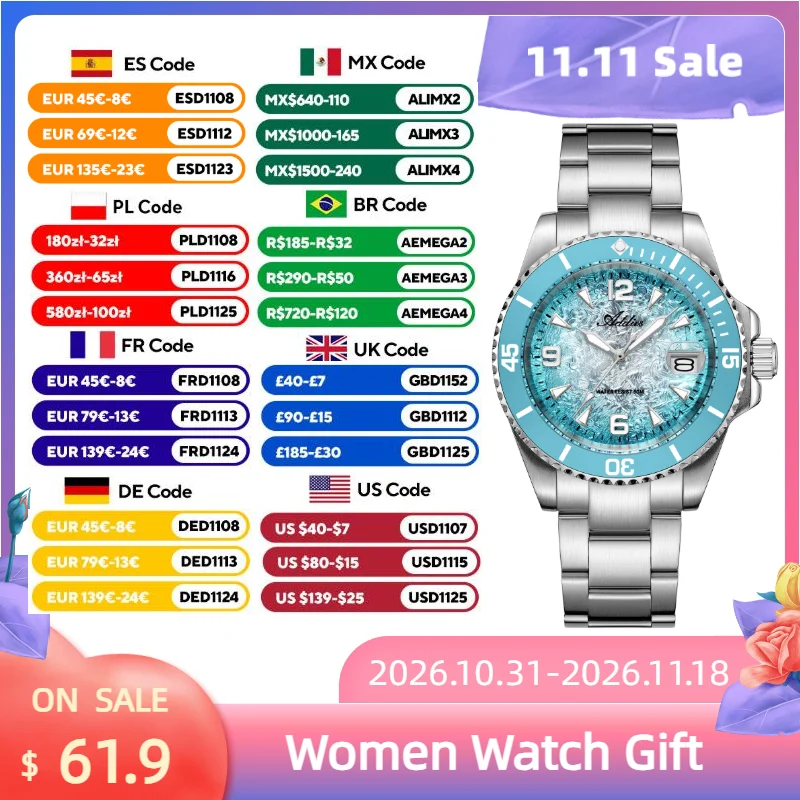 ADDIES 36mm Women Watches New Luxury 316L Stainless Steel Ceramic Bezel BGW9 Luminous 50m Waterproof Sport Watch for Woman Gift