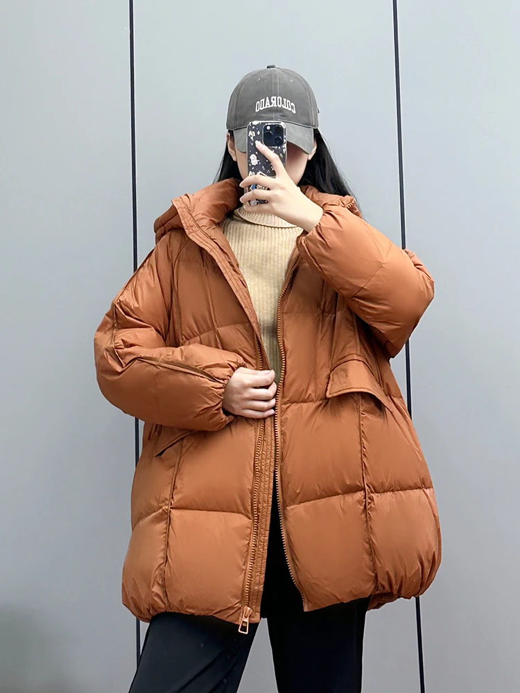 

2023 New Winter Women White Duck Down Jacket Hooded Warm Oversize Puffer Coat Female Casual Loose Parkas Pocket Outwear