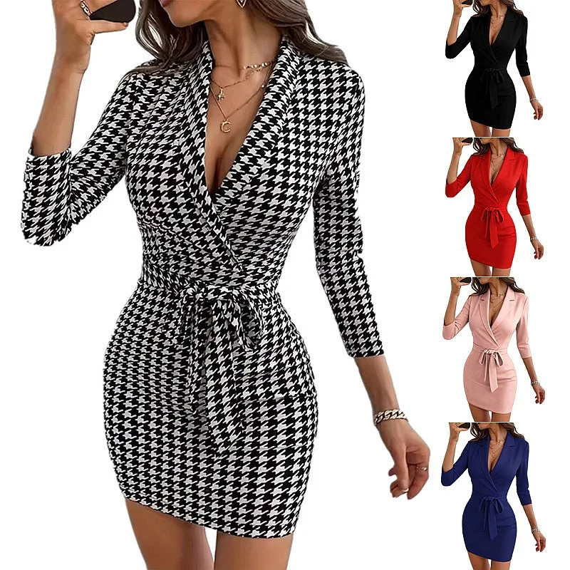 

Sexy Elegant Blazer Dress with Belt Houndstooth Pencil Dress Spring Summer Women Bodycon Dresses