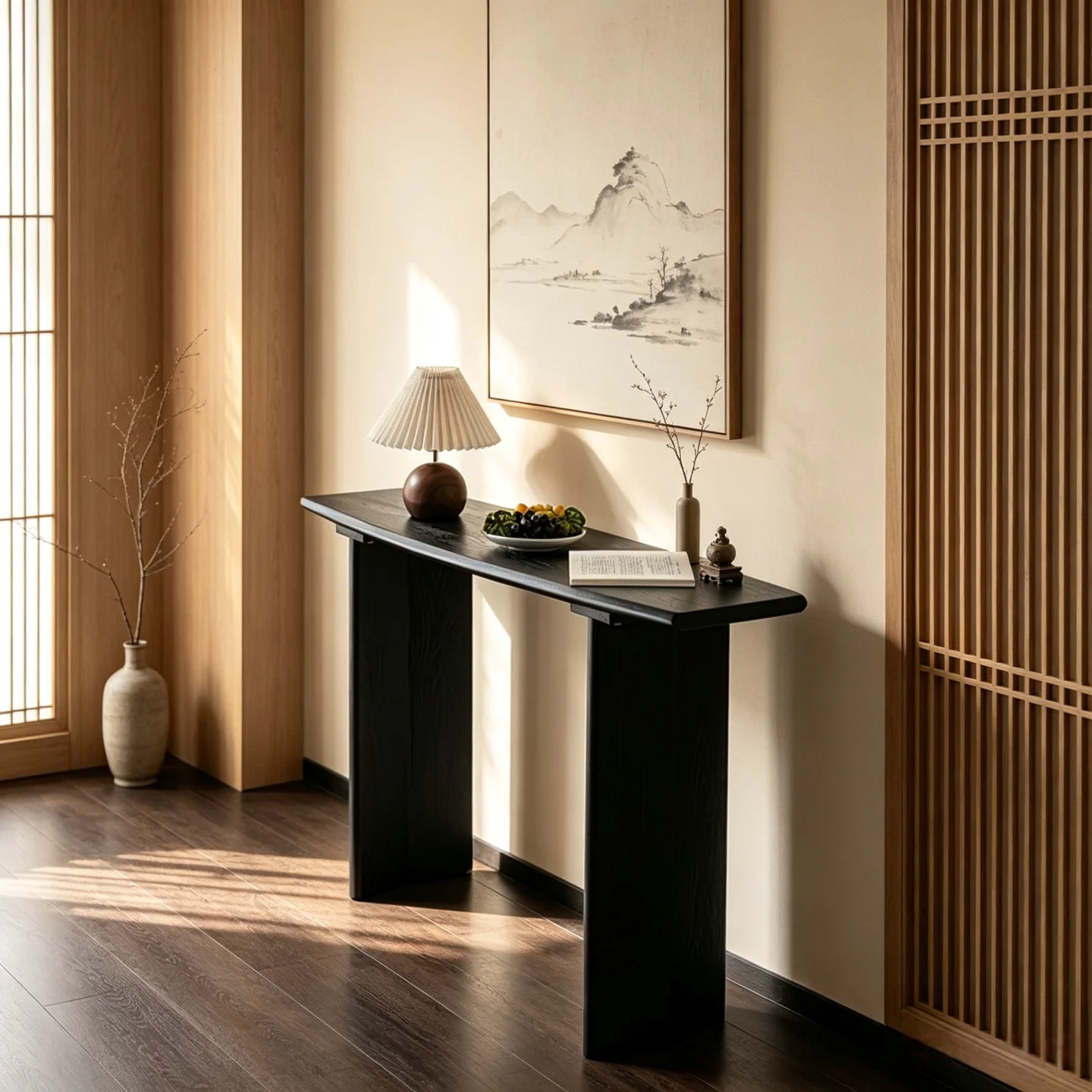 Wabi-sabi style solid wood entryway table, a small side table placed against the wall, a decorative console table for the