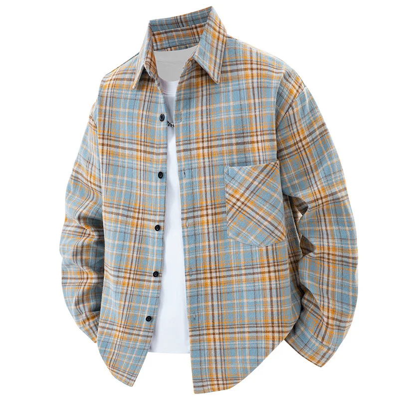 

Retro Brushed Plaid Long Sleeved Shirt Men Women Spring Autumn Fashion Brand Loose Casual Blouse Lapel Single Breasted Jacket