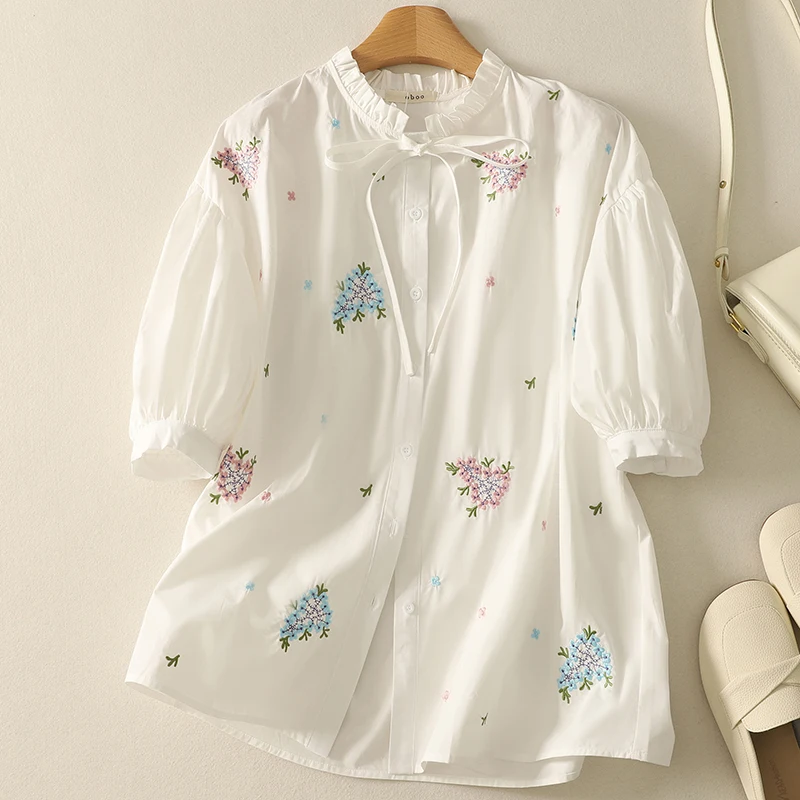 

Summer Heavy Embroidery Flower Short Sleeve Shirt Collar Lace Tie Chinese Style Top White Women's Fashion Casual Wear